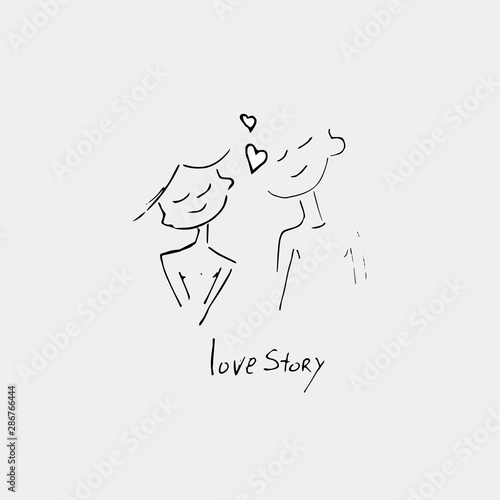 Love story, handwritten inscription and drawing of a couple in love