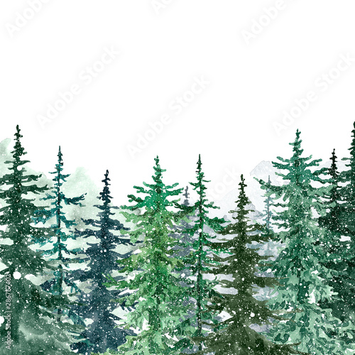 Watercolor winter forest with evegreen pine trees and falling snow. Hand painted spruce and pine trees illustration. Landscape scene for Christmas cards, banners. Holiday design.