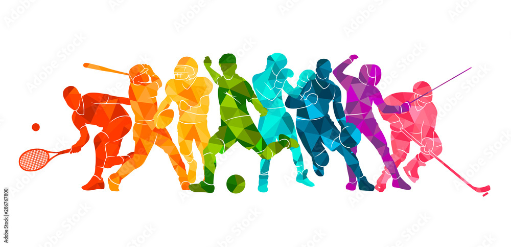 Color sport background. Football, basketball, hockey, box, \nbaseball,  tennis. Vector illustration colorful silhouettes athletes Stock Vector |  Adobe Stock