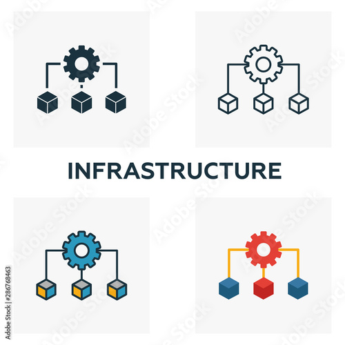 Infrastructure icon set. Four elements in diferent styles from community icons collection. Creative infrastructure icons filled, outline, colored and flat symbols