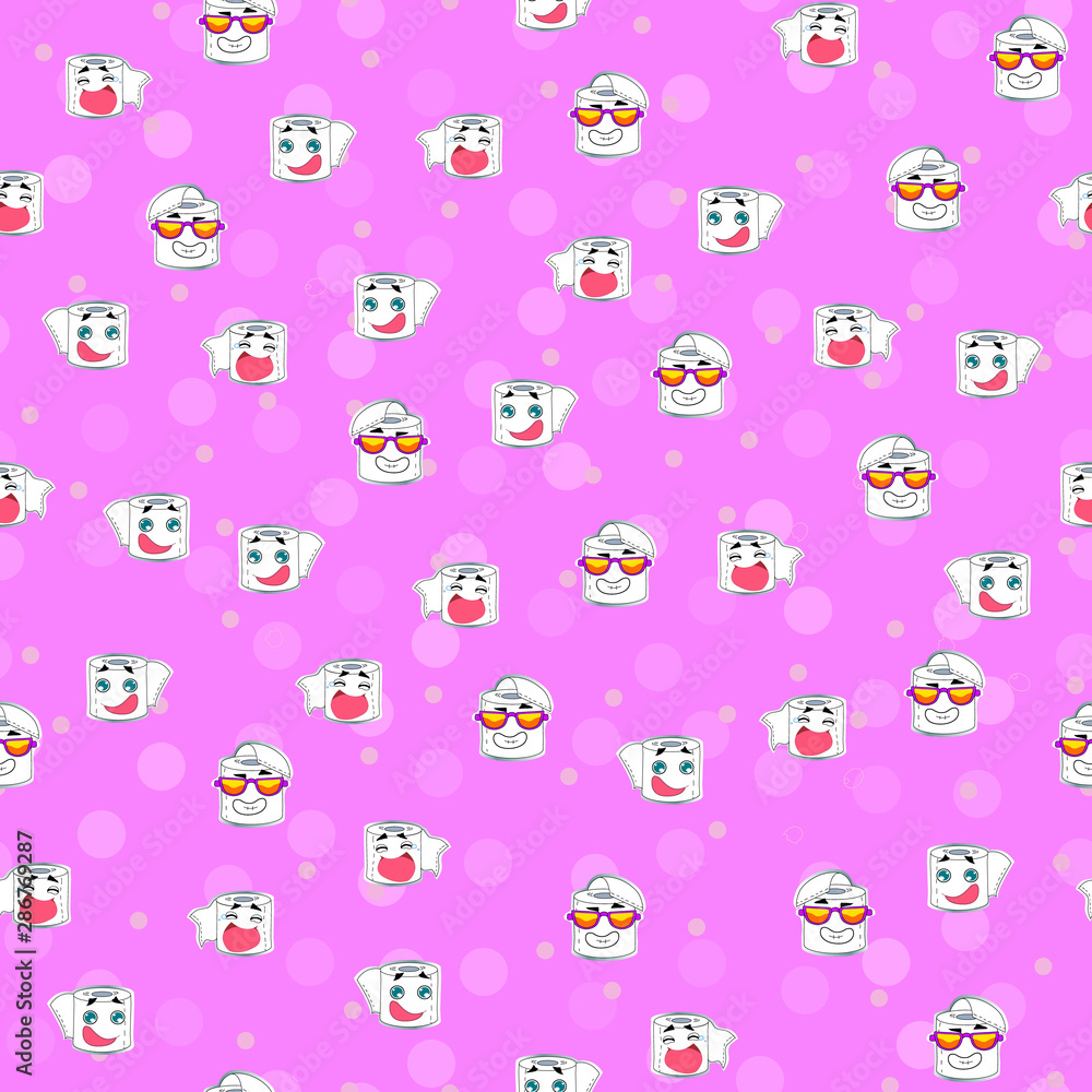 Vector illustration, toilet paper seamless pattern. Happy smiles, cartoon style, cute pink background. Applicable for wrapping paper designs, textile, concepts for kids etc. Vector illustration, toilet paper seamless pattern. Happy smiles, cartoon style, cute pink background. Applicable for wrapping paper designs, textile, concepts for kids etc.