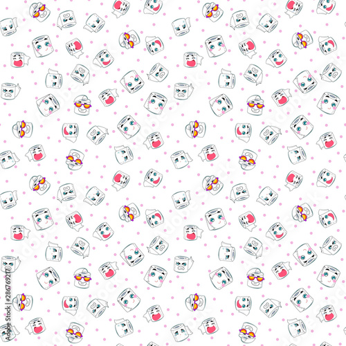 Vector illustration, toilet paper seamless pattern. Happy smiles, cartoon style, white background. Applicable for wrapping paper designs, textile, concepts for kids etc.