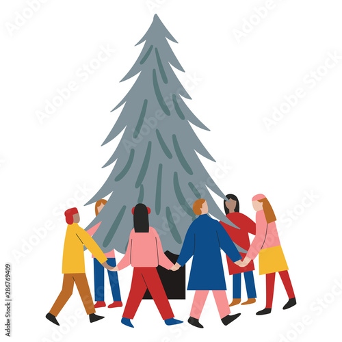Friends round dancing around the Christmas tree. Friends preparing for Christmas party. Khorovod around fir-tree. Flat cartoon vector illustration photo