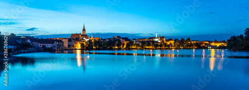 Jindrichuv Hradec panoramic cityscape with Vajgar pond in the foreground. Czech Republic