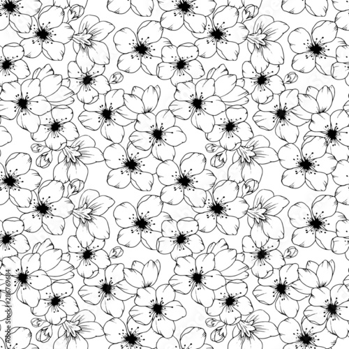 seamless pattern in monochrome colors with sakura flowers