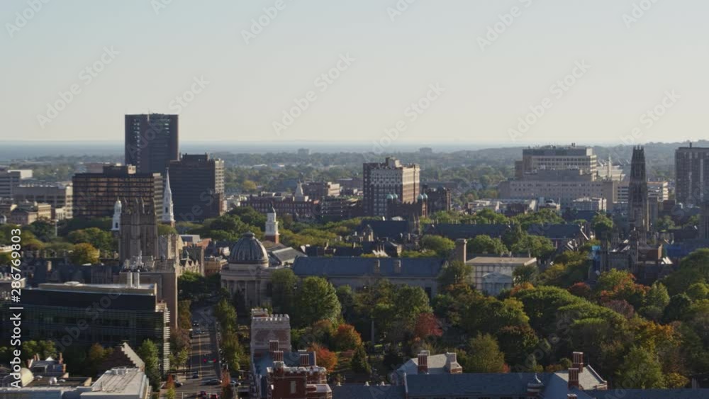 New Haven Connecticut Aerial v1 Panning low and slowly around picturesque university buildings, overcast - October 2017 New Haven Connecticut Aerial v1 Panning low and slowly around picturesque university buildings, overcast - October 2017