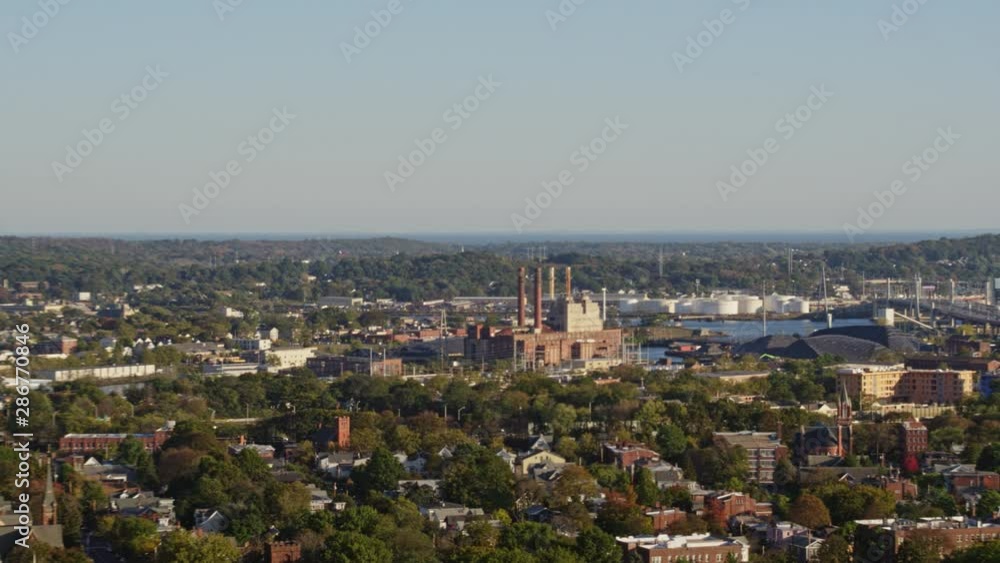 New Haven Connecticut Aerial v2 Low panoramic view of downtown cityscape with university and water views - October 2017 New Haven Connecticut Aerial v2 Low panoramic view of downtown cityscape with university and water views - October 2017