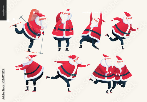 Sporting Santa set - modern flat vector concept illustration of cheerful Santa Claus skiing with a gift bag, skating. standing and hanging