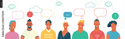 Bright people portraits - young men and women - row of talking people with bubbles above and watching eyes in the sky, chat and observing big brother, supervising concept