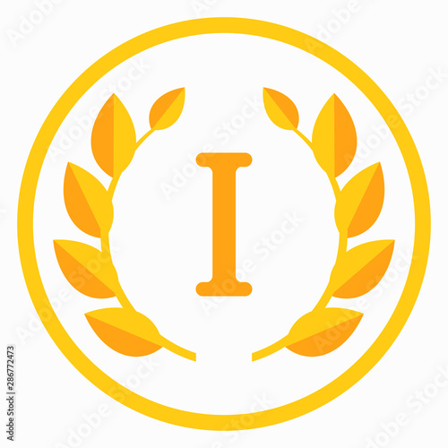 First Place - Badge Flat Colors Design  Icon - Number One Winner. Ranking. Trophy. Record. Award Reward Podium. Leaf Crown 1st. Vector Illustration