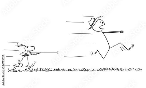 Vector cartoon stick figure drawing conceptual illustration of man or hunter running in fear away from rabbit or hare or jackrabbit, with his rifle or gun.