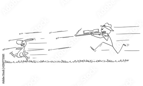 Vector cartoon stick figure drawing conceptual illustration of man with rifle or hunter running or chasing and shooting at rabbit or hare or jackrabbit.