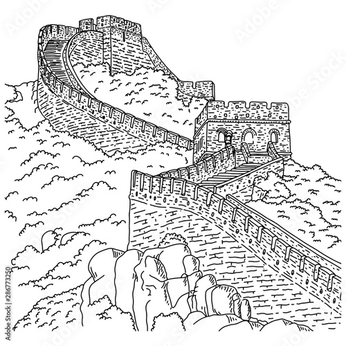 Great wall of china vector illustration sketch doodle hand drawn with black lines isolated on white background