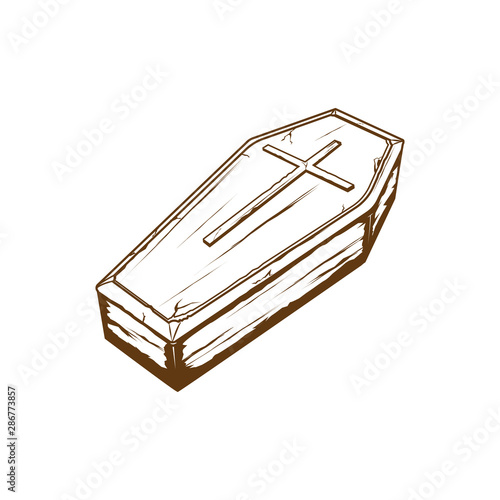 wodden coffin with cross symbol, casket vector illustration