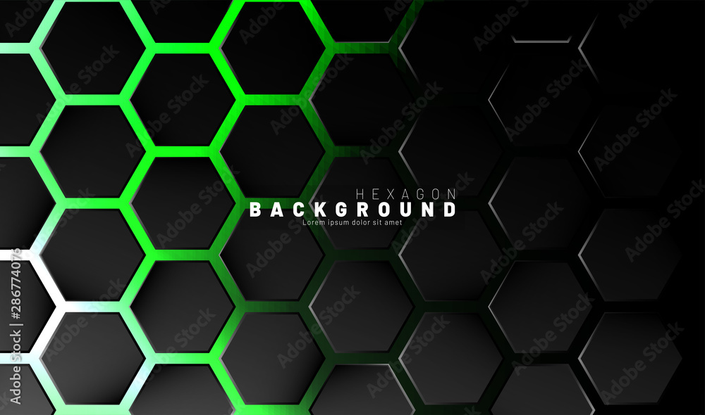 Abstract black hexagon pattern on green neon background technology style. Honeycomb. Vector illustration Abstract black hexagon pattern on green neon background technology style. Honeycomb. Vector illustration