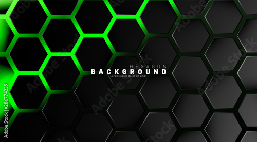 Abstract black hexagon pattern on green neon background technology style. Honeycomb. Vector illustration