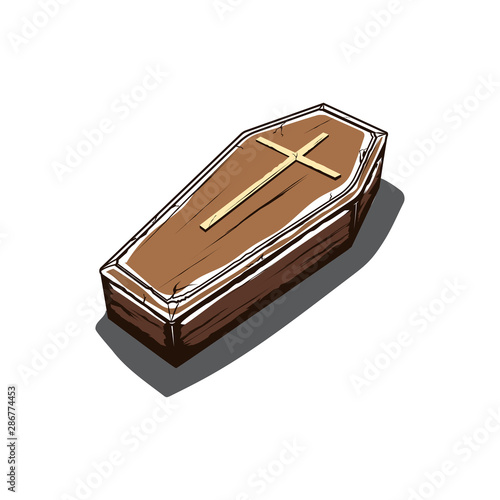 wodden coffin with cross symbol, casket vector illustration