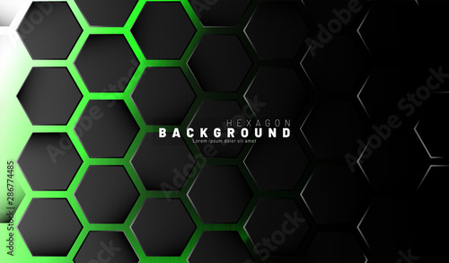 Abstract black hexagon pattern on green neon background technology style. Honeycomb. Vector illustration