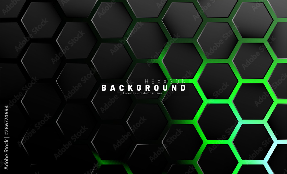 Abstract black hexagon pattern on green neon background technology style. Honeycomb. Vector illustration Abstract black hexagon pattern on green neon background technology style. Honeycomb. Vector illustration