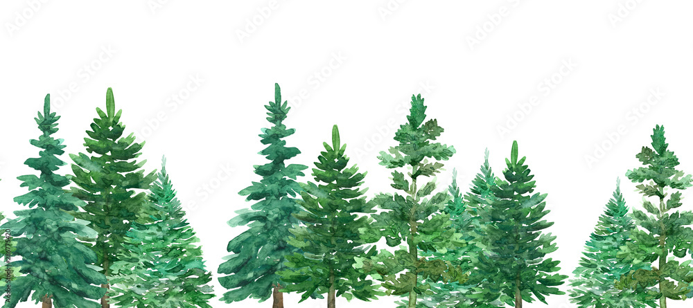 Seamless border of watercolor Christmas green trees. Spruce and holiday tree. Hand-drawn illustration.