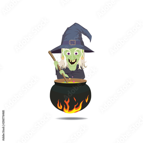 Witch with couldron. Cute Halloween character.