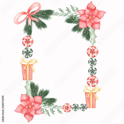 Watercolor hand drawn Christmas wreath ofpoinsettia plant  berries leaves  coniferous branch  candies and christmas gifts.