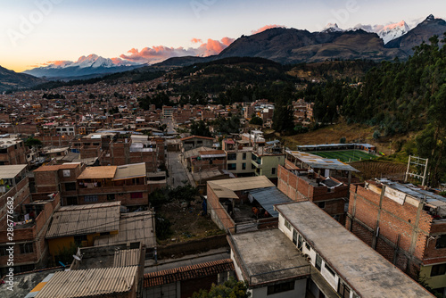 Overlooking the city of Huaraz with Huascaran mountain in the background in Peru. 