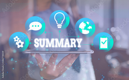 Word writing text Summary. Business photo showcasing a brief statement or account of the main points of something Female human wear formal work suit presenting presentation use smart device