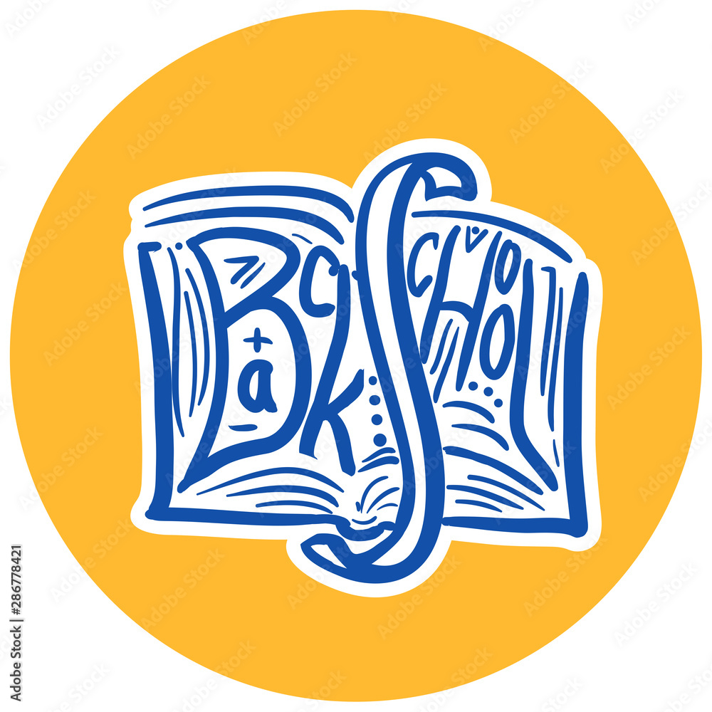 Blue lettering doodle icon - book wirh text back to school on yellow background Blue lettering doodle icon - book wirh text back to school on yellow background