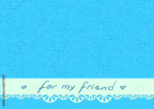 Blue background for greeting card with doodle sheeps and clouds