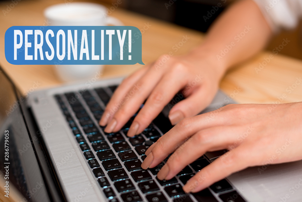 Handwriting text Personality. Conceptual photo combination characteristics that form individuals character woman laptop computer smartphone mug office supplies technological devices Handwriting text Personality. Conceptual photo combination characteristics that form individuals character woman laptop computer smartphone mug office supplies technological devices