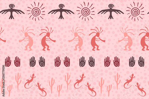 Mythical, design with trickster god, swirl icons on human palm, sun, eagle.