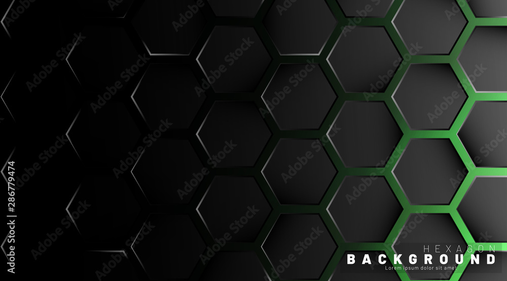 Abstract black hexagon pattern on green neon background technology style. Honeycomb. Vector illustration