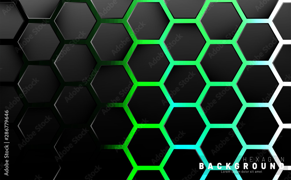 Abstract black hexagon pattern on green neon background technology style. Honeycomb. Vector illustration Abstract black hexagon pattern on green neon background technology style. Honeycomb. Vector illustration