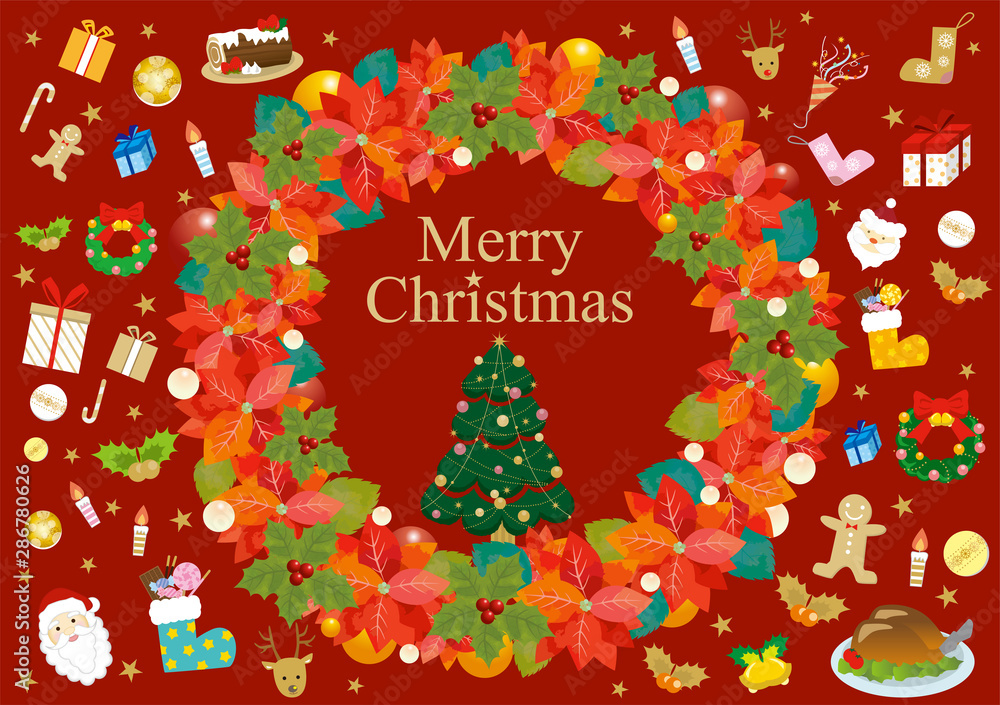 クリスマスツリー クリスマスリース リース Xmas リース ポインセチア 植物 フレーム 枠 結晶 背景 Vector De Stock Adobe Stock