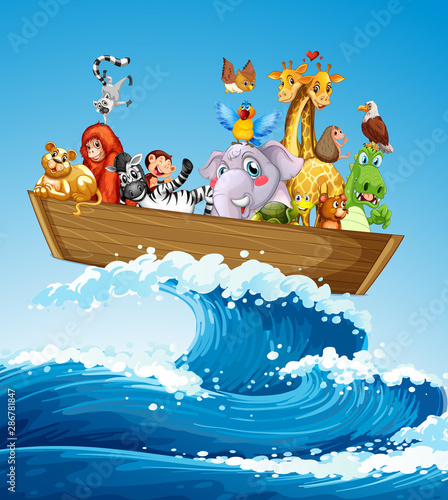 Fototapeta Naklejka Na Ścianę i Meble -  Many animals on the boat at sea