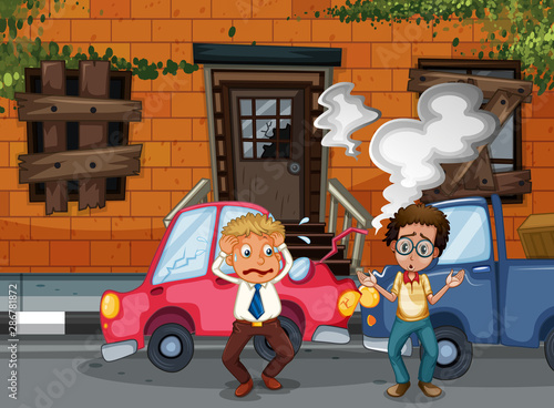 Accident scene with car crash in front of building