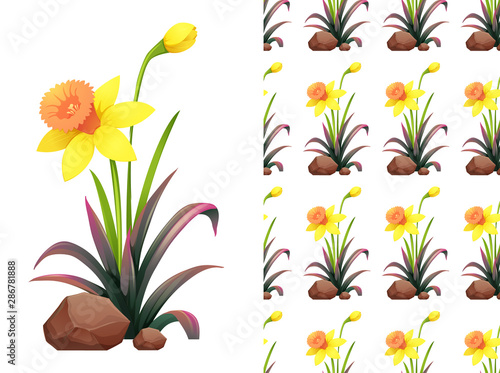 Seamless background design with yellow daffodil flowers