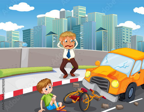 Accident scene with car crash on the road