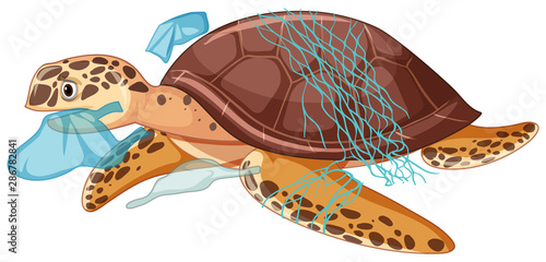 Sea turtle and plastic bags on white background