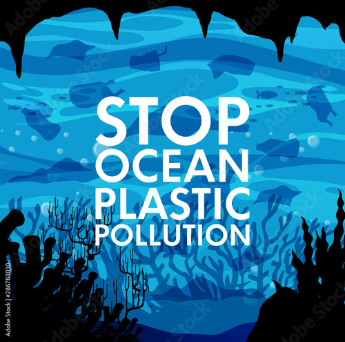Poster design with trash under the ocean