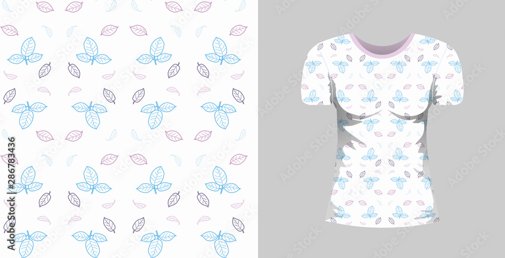Abstract seamless pattern wiht blue, pink, violet leaves on white background and mock up T-shirt whith this ormnament. Vector nature, forest texture for fabric, textile, bedlinen, undergarment.