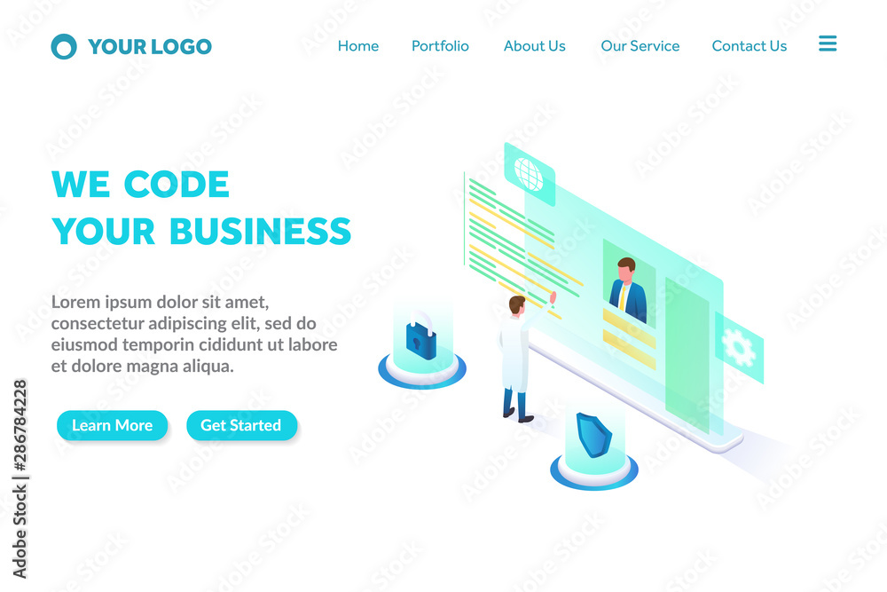 programming and coding isometric landing page template. Modern web page design concept layout for website. Vector illustration. Brochure cover, web banner, website slide and presentation.