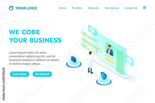 programming and coding isometric landing page template. Modern web page design concept layout for website. Vector illustration. Brochure cover, web banner, website slide and presentation.