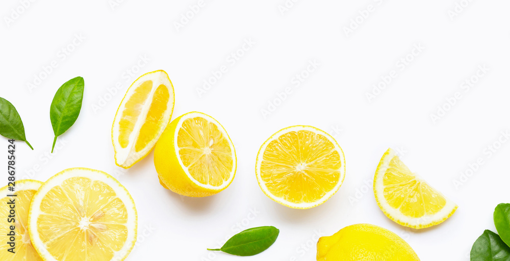 Fresh lemon and  slices with leaves isolated on white background.