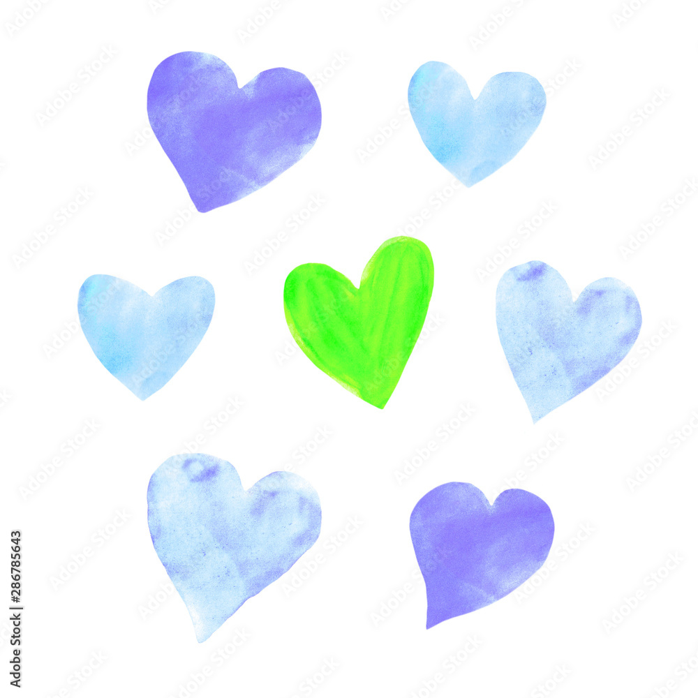 Set of  blue watercolor hearts. Perfect for creating romantic postcards and Valentines Day decor. Hand drawn. Isolated on white background