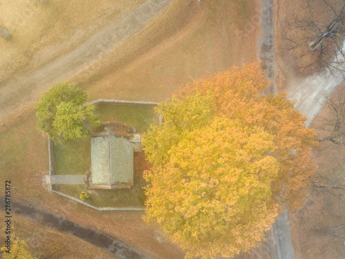 Gostwyck Chapel drone aerial foggy sunrise, Uralla, NSW, Australia photo