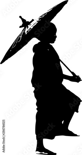 Young Buddhist Monk Carrying Umbrella, Black and White Silhouette