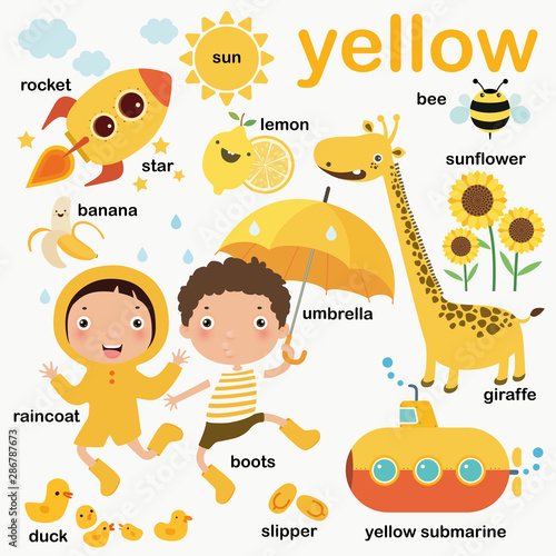 Learn yellow color, Educate color and vocabulary set, Illustration of primary colors, Vector illustration