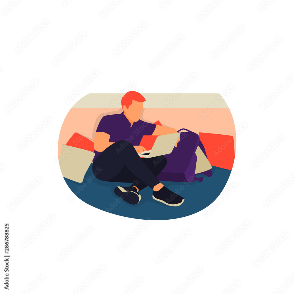 a portrait of a man sitting relaxed while playing a laptop. vector illustration a portrait of a man sitting relaxed while playing a laptop. vector illustration
